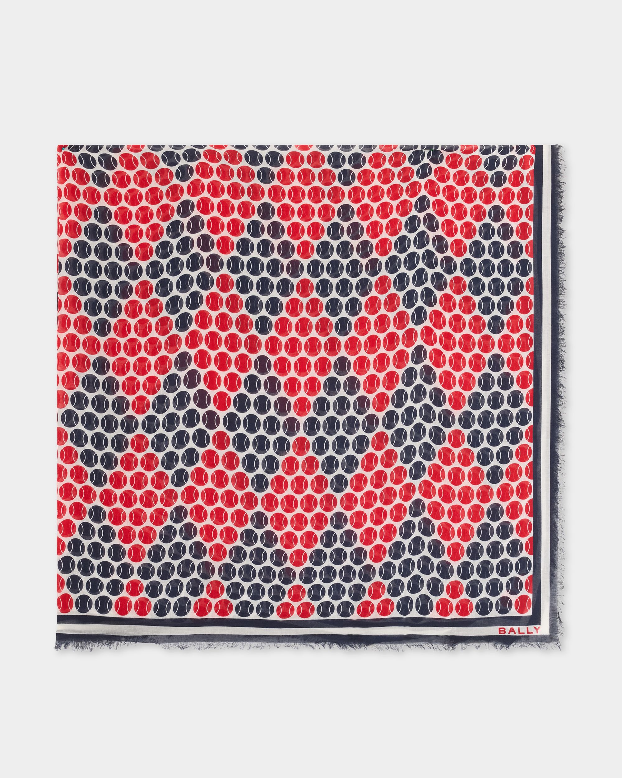 Bally Global - Écharpe de la collection Tennis en modal et soie bleu marine et rouge avec imprimé tennis sur l'ensemble - Multicolore